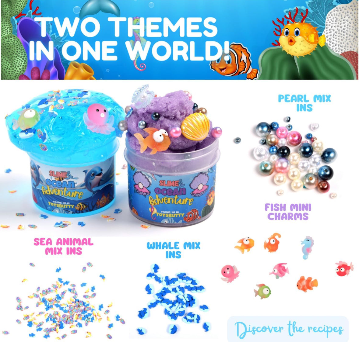 Two themes in one Coco's Ocean Slime, featuring blue and purple containers with ocean accessories