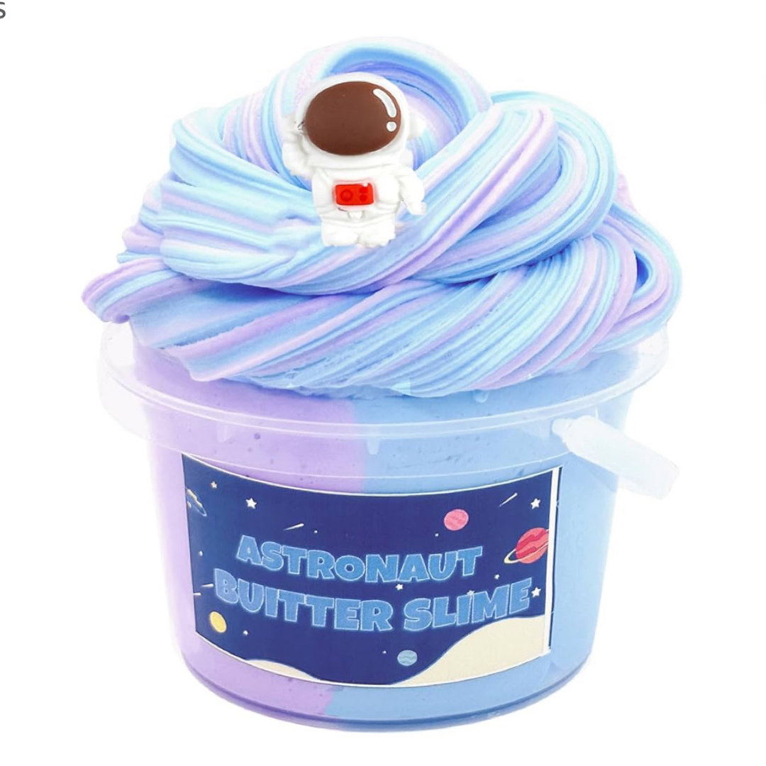 Blue Cake Slime with cake-scented, fluffy texture and cute toppings in a colorful container