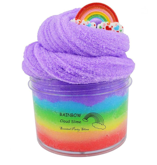 Lavender Dreams Cloud Slime in rainbow-colored container with fluffy texture and rainbow charm