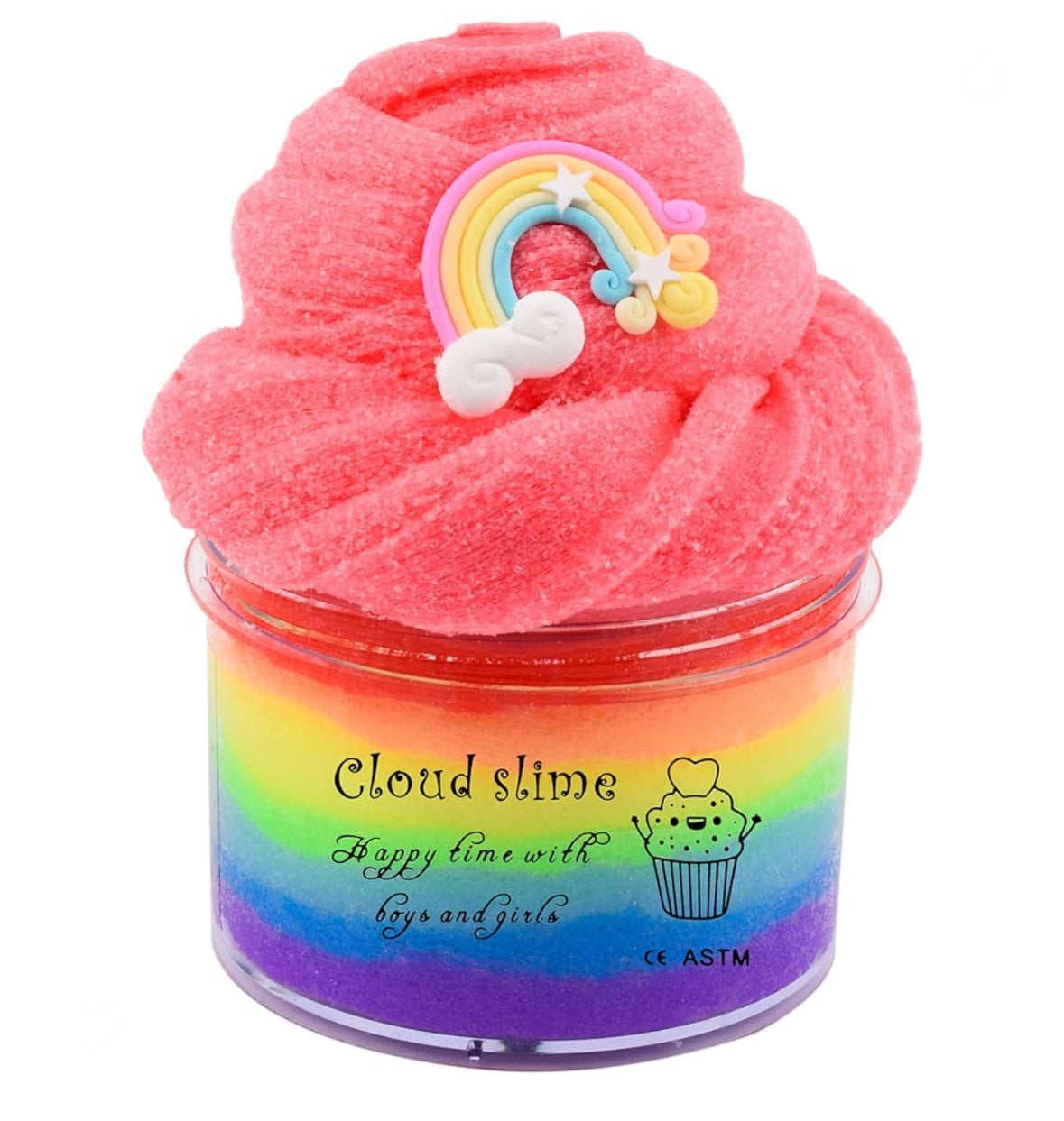 Cotton Candy Clouds Slime in a rainbow container with a fluffy texture and sweet scent