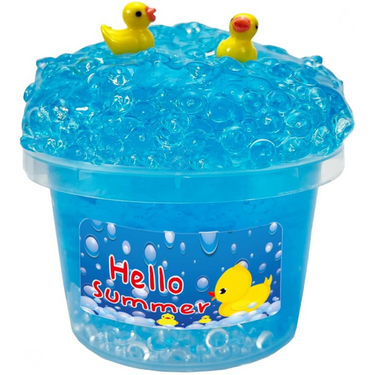 Sunny Ducky Slime in vibrant blue with fun yellow duck charms and crystal-clear texture